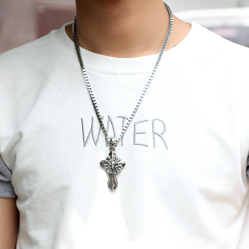 Nordic Rune Metal Spider and Cross Pendant Necklace | Stylish and Versatile for Trendy Men