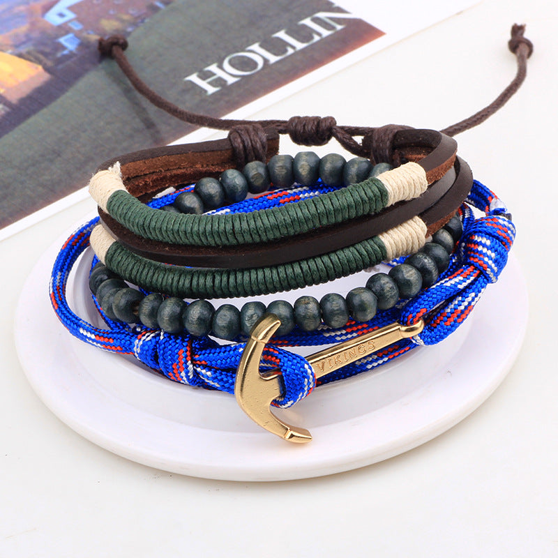Nordic Maritime Guardian Culture Double - layer Cowhide and Paracord Ship Anchor Wooden Bead Braided Survival Bracelet