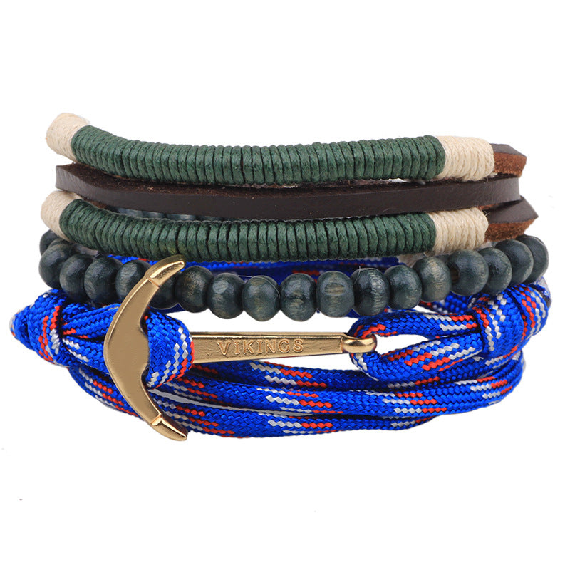 Nordic Maritime Guardian Culture Double - layer Cowhide and Paracord Ship Anchor Wooden Bead Braided Survival Bracelet