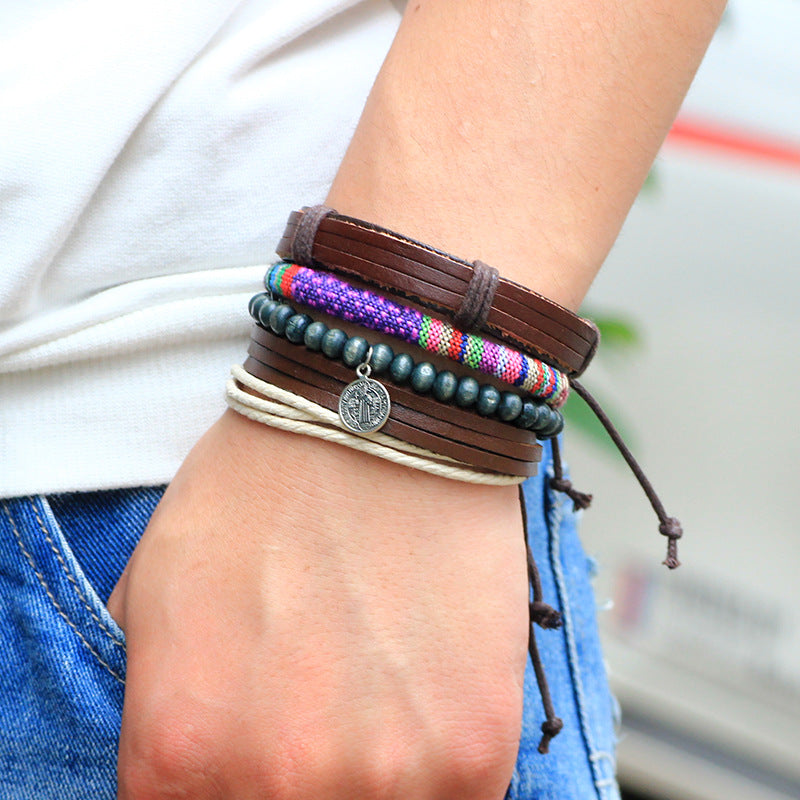 Christian Cross Symbol Handmade Cowhide Wooden Bead Woven Energy - Guarding Retro Bracelet