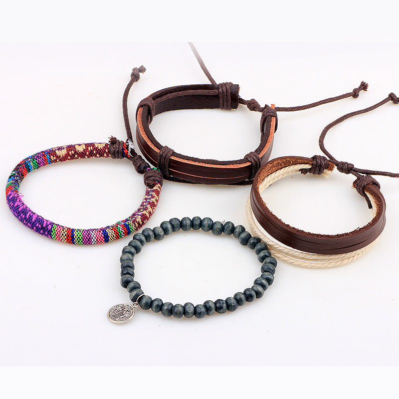 Christian Cross Symbol Handmade Cowhide Wooden Bead Woven Energy - Guarding Retro Bracelet