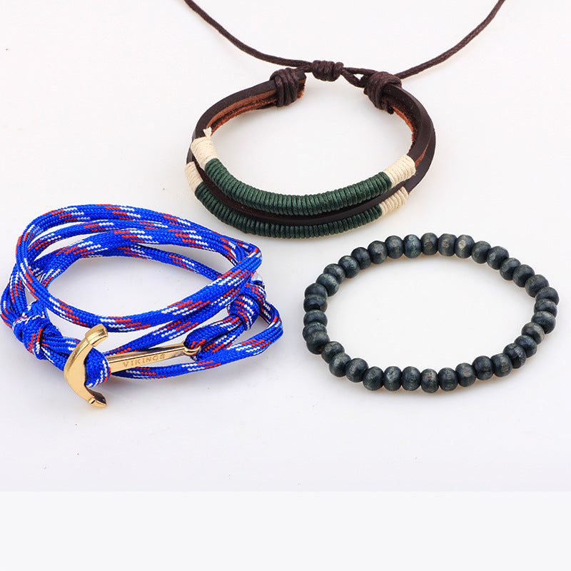Nordic Maritime Guardian Culture Double - layer Cowhide and Paracord Ship Anchor Wooden Bead Braided Survival Bracelet