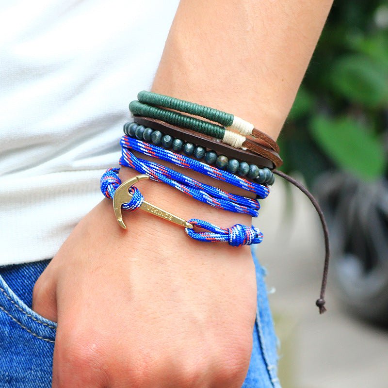 Nordic Maritime Guardian Culture Double - layer Cowhide and Paracord Ship Anchor Wooden Bead Braided Survival Bracelet