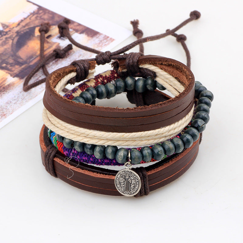 Christian Cross Symbol Handmade Cowhide Wooden Bead Woven Energy - Guarding Retro Bracelet