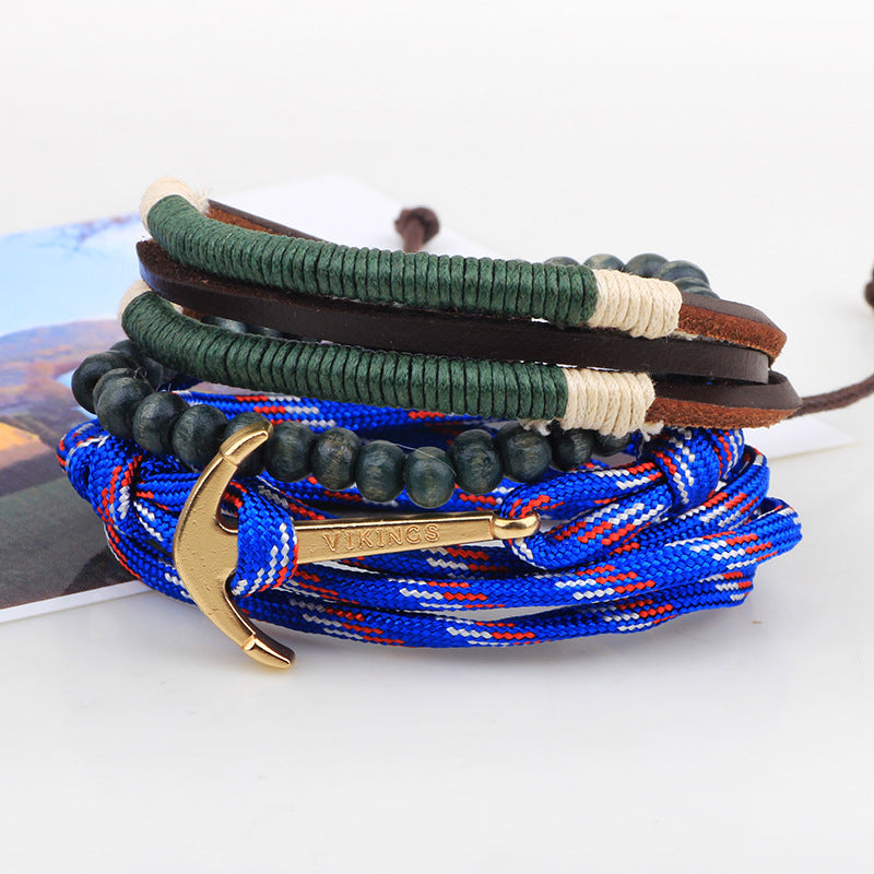 Nordic Maritime Guardian Culture Double - layer Cowhide and Paracord Ship Anchor Wooden Bead Braided Survival Bracelet