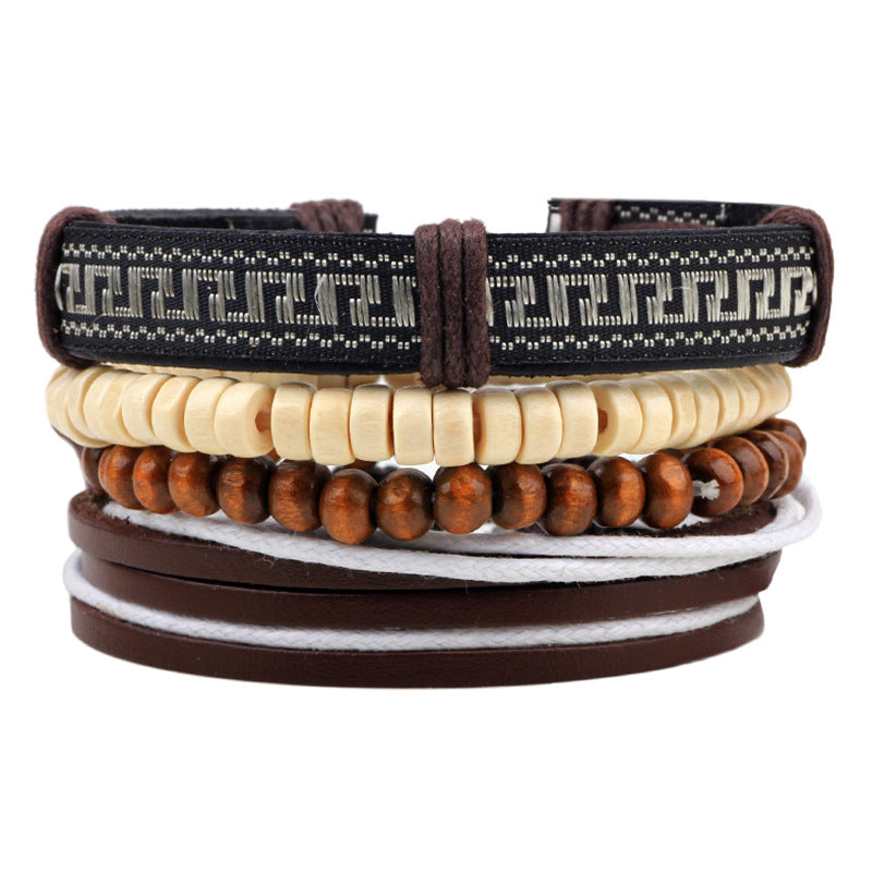 Nordic Rune Genuine Leather and Wooden Bead Braided Guardian Men's Bracelet