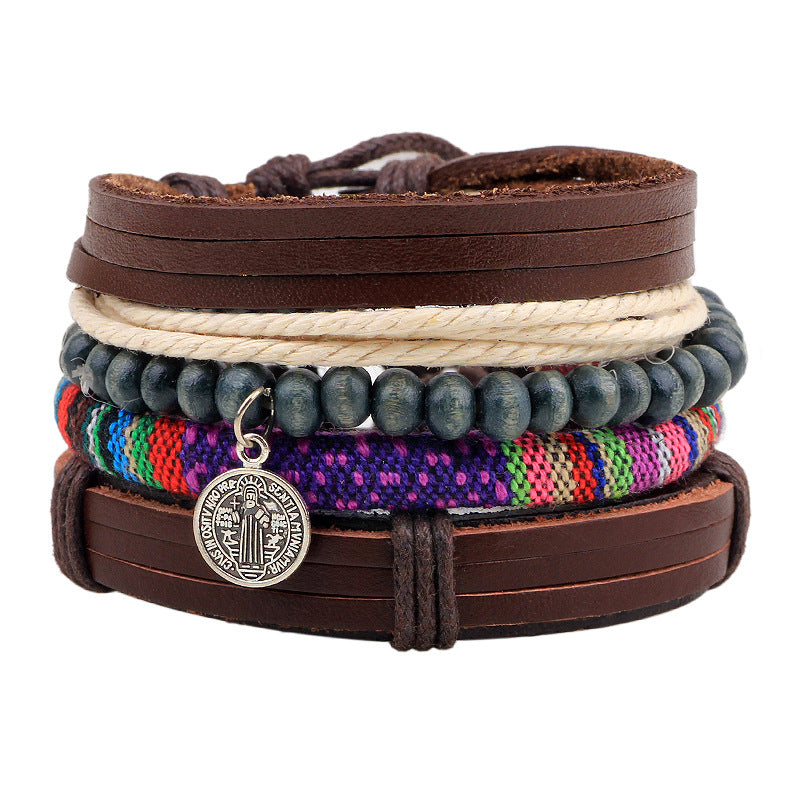 Christian Cross Symbol Handmade Cowhide Wooden Bead Woven Energy - Guarding Retro Bracelet