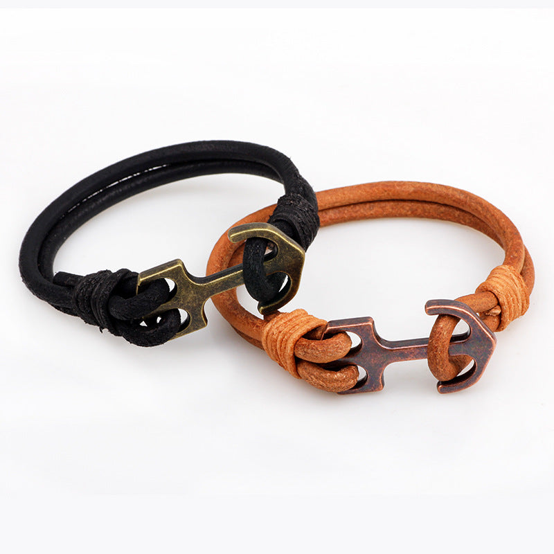 Nordic Rune Cowhide Alloy Anchor Wound - around Men's Protection Bracelet