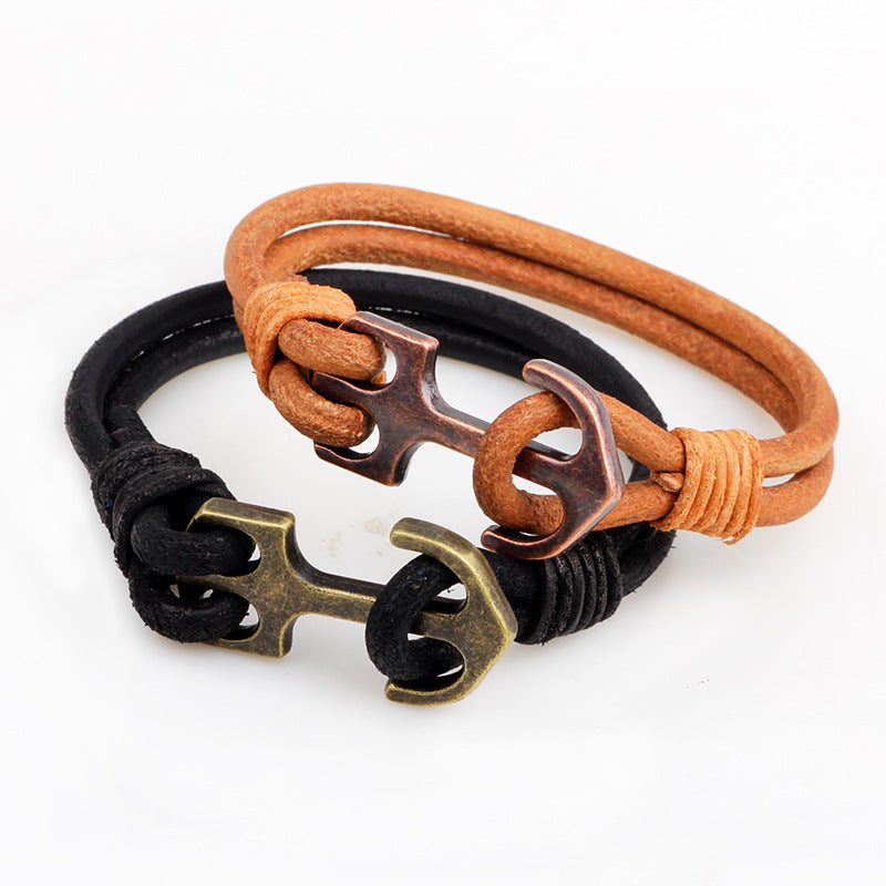Nordic Rune Cowhide Alloy Anchor Wound - around Men's Protection Bracelet