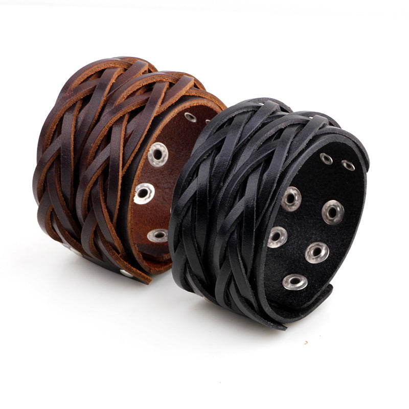 Nordic Rune Genuine Leather Braided Rivet Punk - style Street Energy - guarding Bracelet