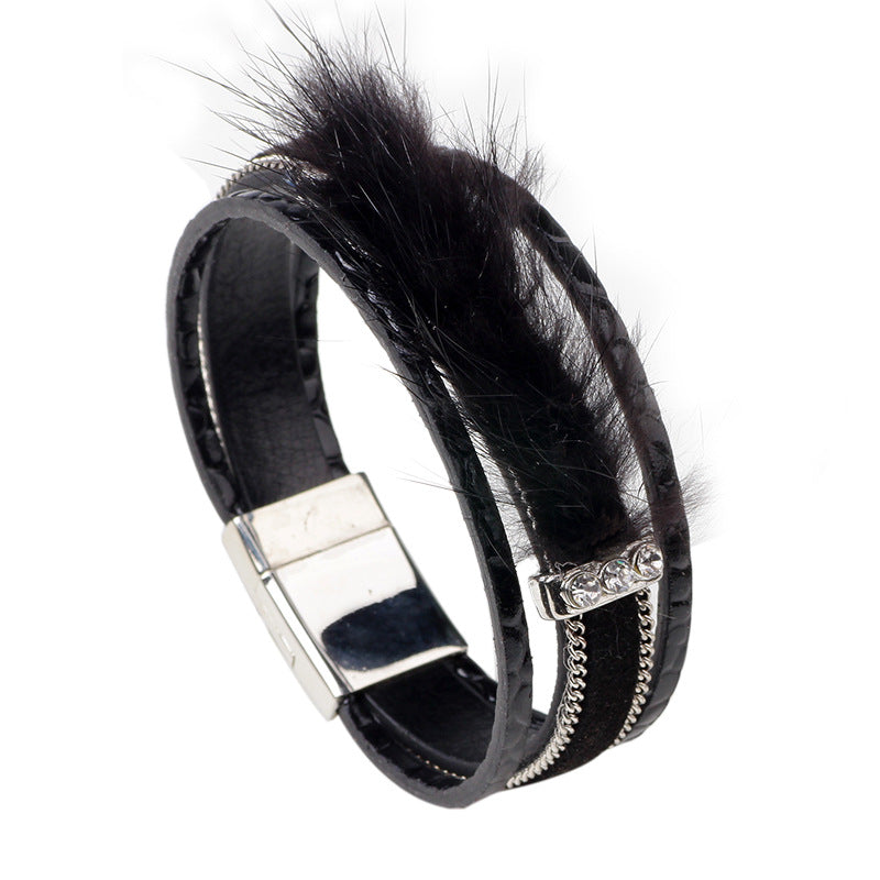Nordic Rune Alloy Mink Fur Rhinestone Bracelet | Simple and Luxurious Magnetic Buckle Bracelet Accessory