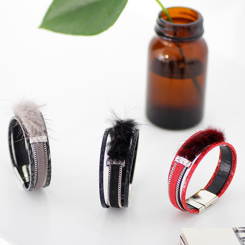 Nordic Rune Alloy Mink Fur Rhinestone Bracelet | Simple and Luxurious Magnetic Buckle Bracelet Accessory