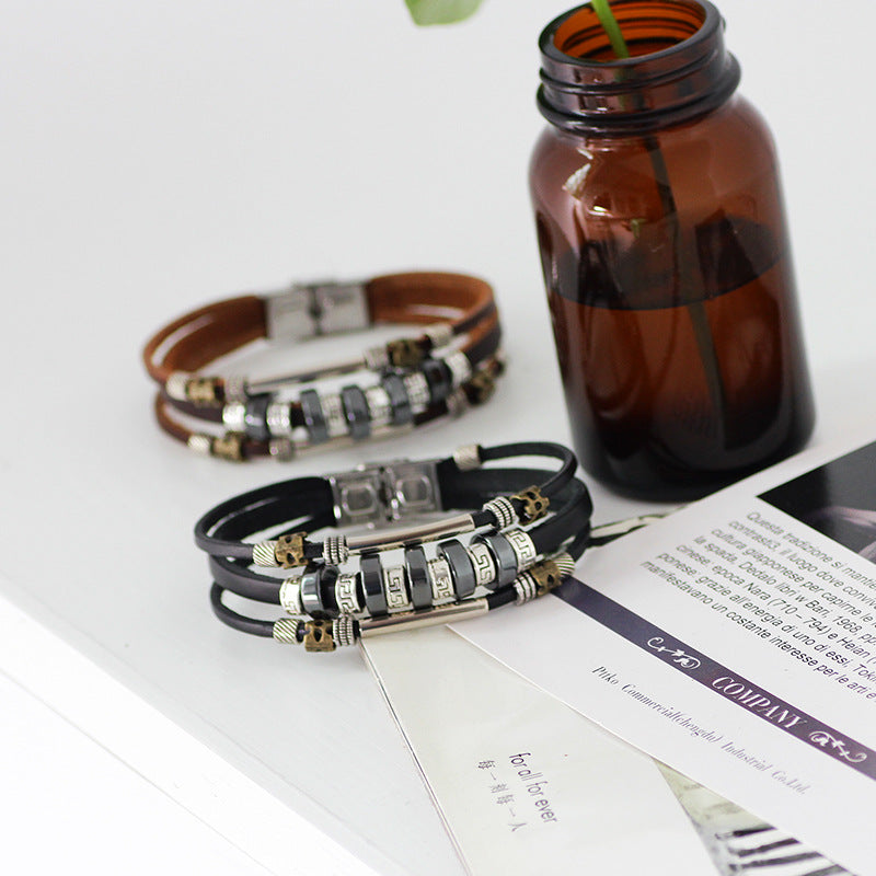Mysterious Black Gallstone Beaded Leather Metal Bracelet | Energy Guarding Jewelry