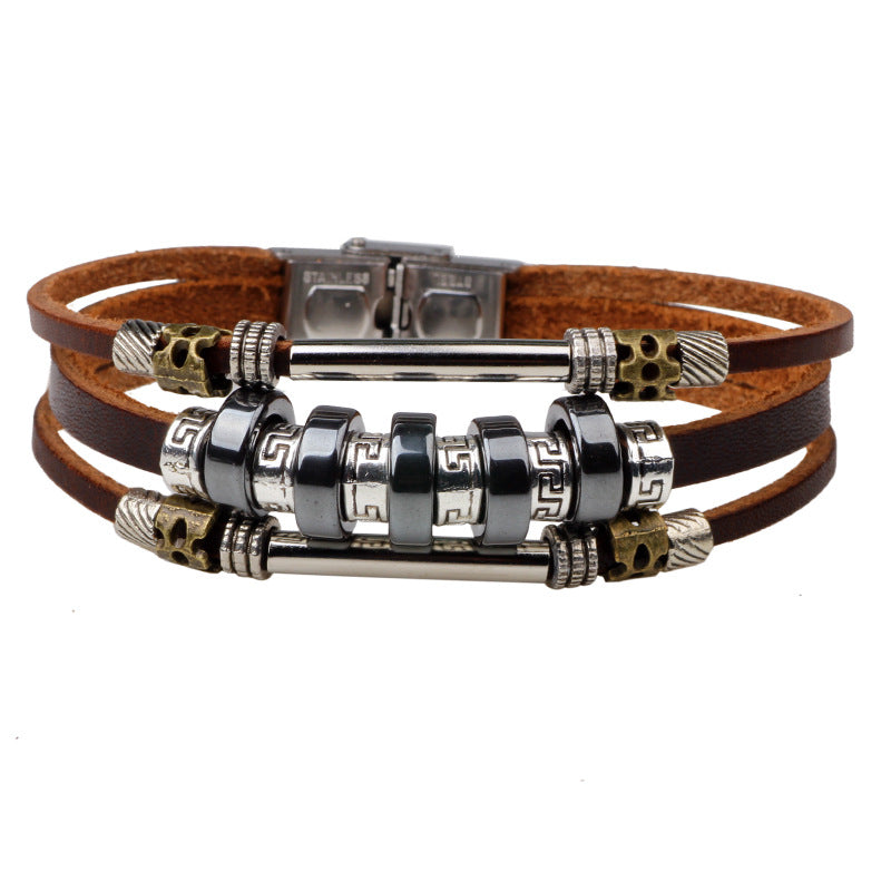 Mysterious Black Gallstone Beaded Leather Metal Bracelet | Energy Guarding Jewelry