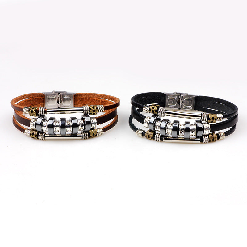 Mysterious Black Gallstone Beaded Leather Metal Bracelet | Energy Guarding Jewelry