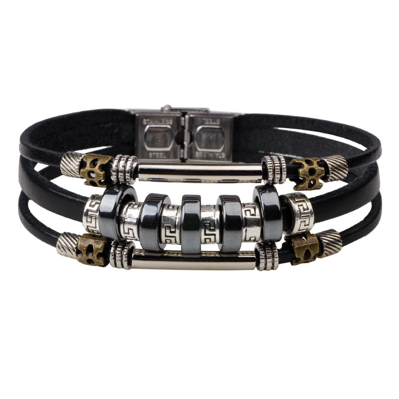 Mysterious Black Gallstone Beaded Leather Metal Bracelet | Energy Guarding Jewelry