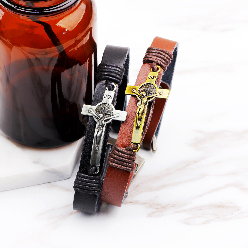 Christian Cross Element Genuine Leather Alloy Bracelet | Retro Style | Belief - Guarding Accessory