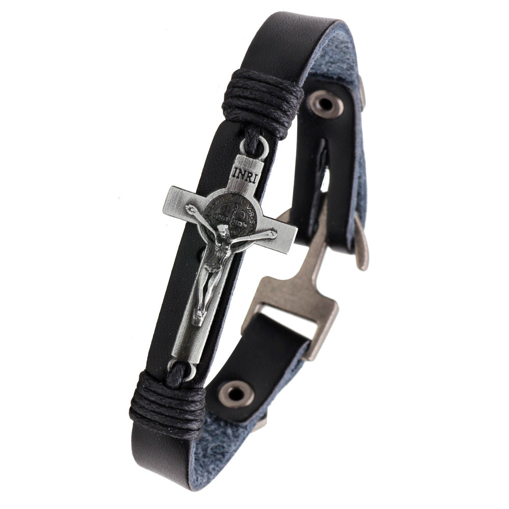 Christian Cross Element Genuine Leather Alloy Bracelet | Retro Style | Belief - Guarding Accessory