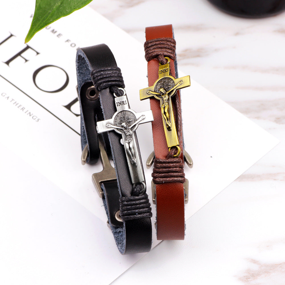 Christian Cross Element Genuine Leather Alloy Bracelet | Retro Style | Belief - Guarding Accessory