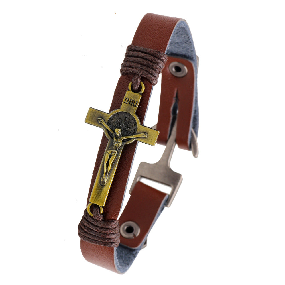 Christian Cross Element Genuine Leather Alloy Bracelet | Retro Style | Belief - Guarding Accessory