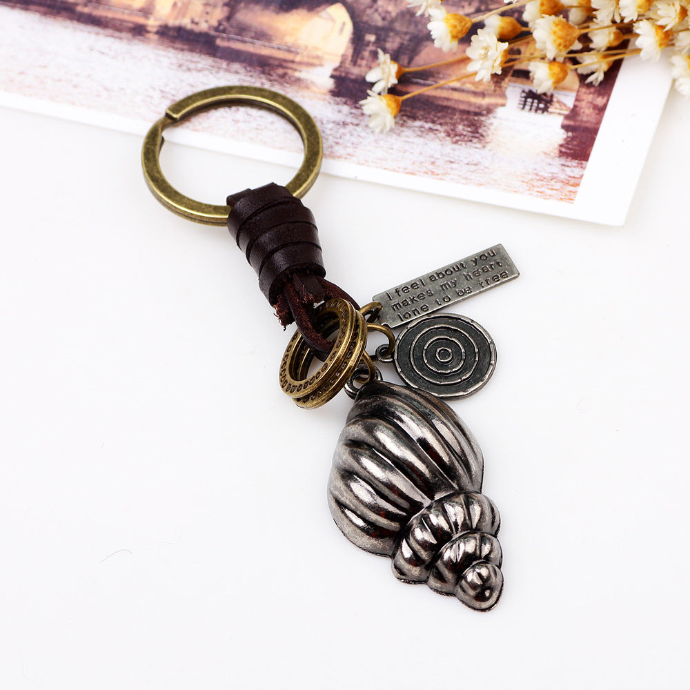Norse Rune Leather - woven Alloy Conch Car Keychain for Travel Protection Pendant