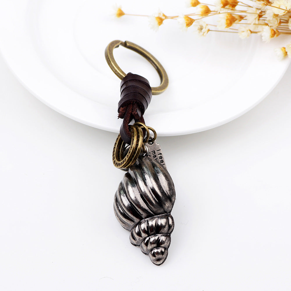 Norse Rune Leather - woven Alloy Conch Car Keychain for Travel Protection Pendant