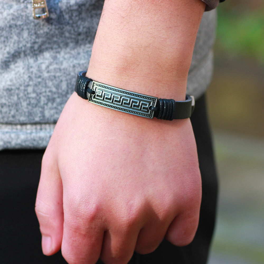 Nordisches Runen-Totem-Armband aus echtem Leder mit geflochtenem Metall | Retro- und vielseitiger Handschmuck-Großhandel