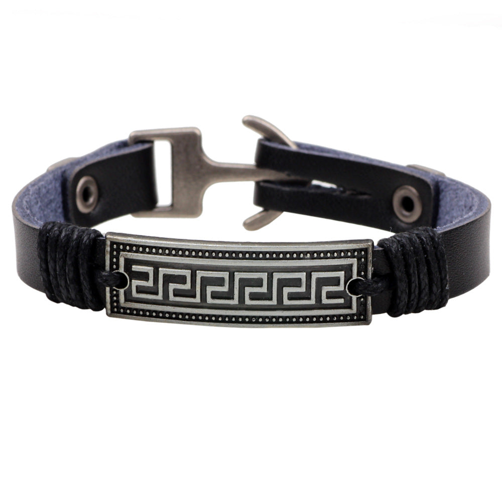 Nordisches Runen-Totem-Armband aus echtem Leder mit geflochtenem Metall | Retro- und vielseitiger Handschmuck-Großhandel