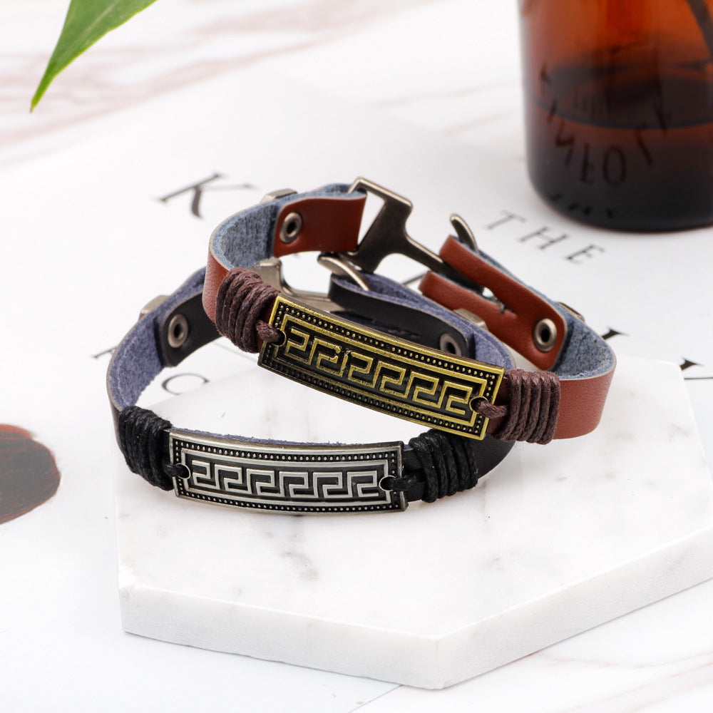 Nordisches Runen-Totem-Armband aus echtem Leder mit geflochtenem Metall | Retro- und vielseitiger Handschmuck-Großhandel