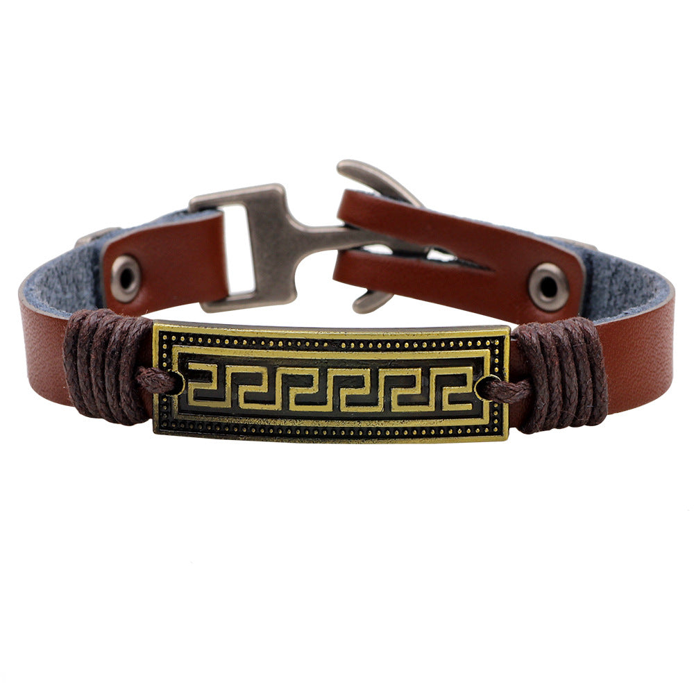 Nordisches Runen-Totem-Armband aus echtem Leder mit geflochtenem Metall | Retro- und vielseitiger Handschmuck-Großhandel
