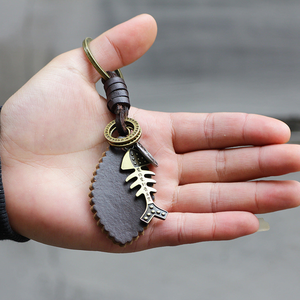 Punk Fishbone Totem Genuine Leather Keychain | Personalized Fashion | Retro Decoration