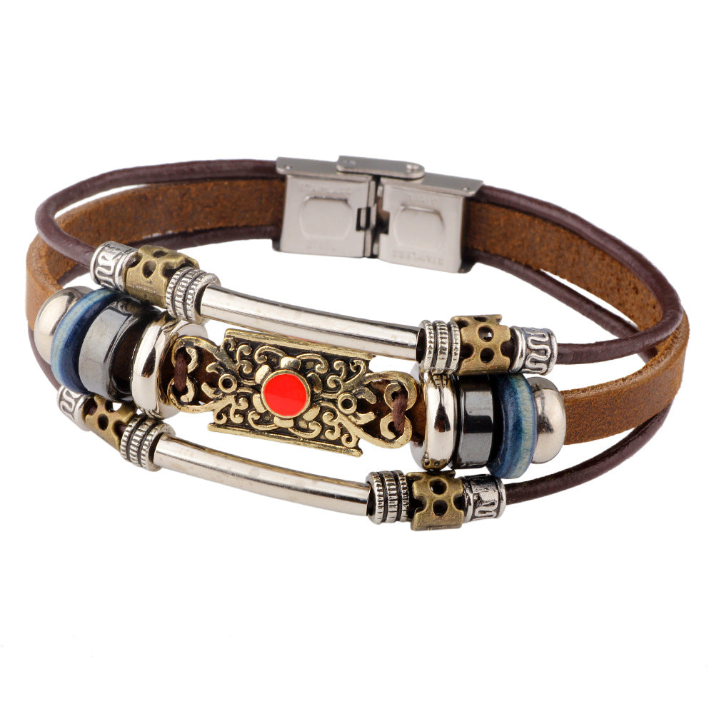 Spiritueller Wächter · Handgewebtes Armband aus Leder und Perlen aus Legierung | Schwarzer Gallenstein &amp; türkisfarbener Energiesegen 