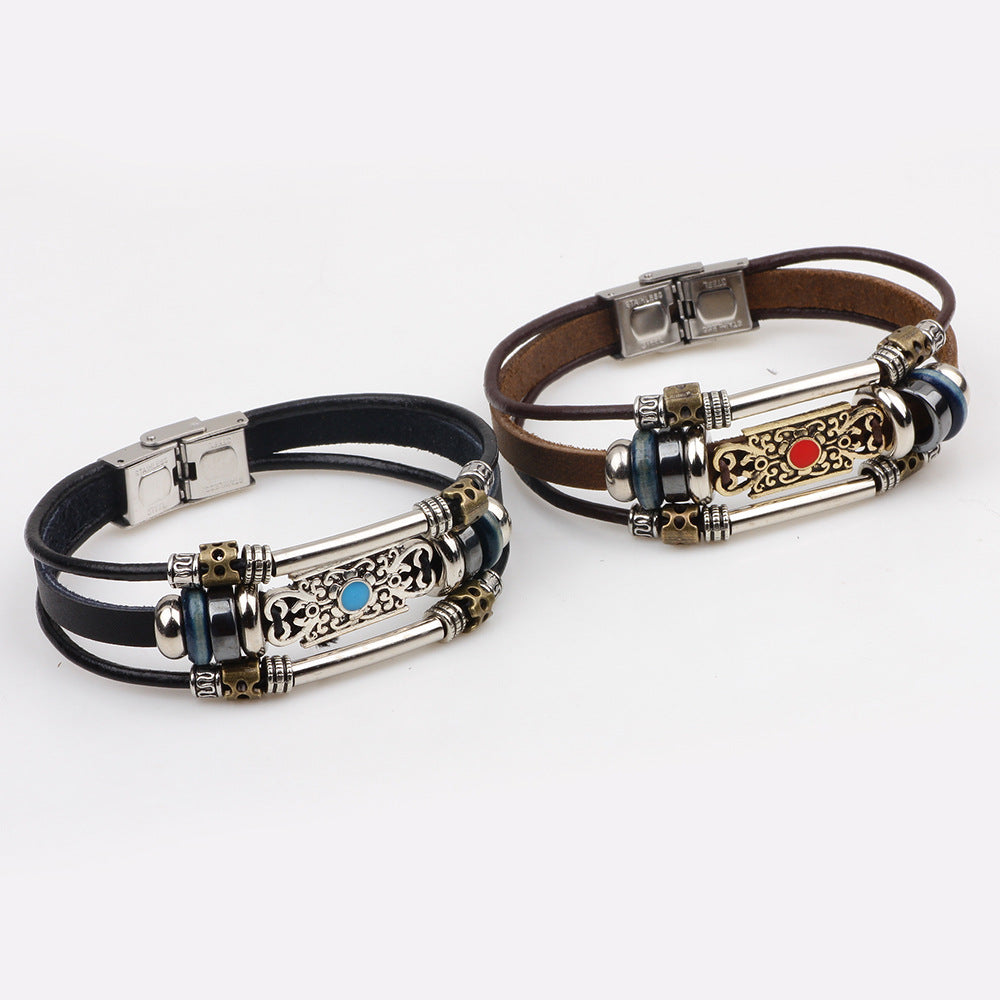 Spiritueller Wächter · Handgewebtes Armband aus Leder und Perlen aus Legierung | Schwarzer Gallenstein &amp; türkisfarbener Energiesegen 