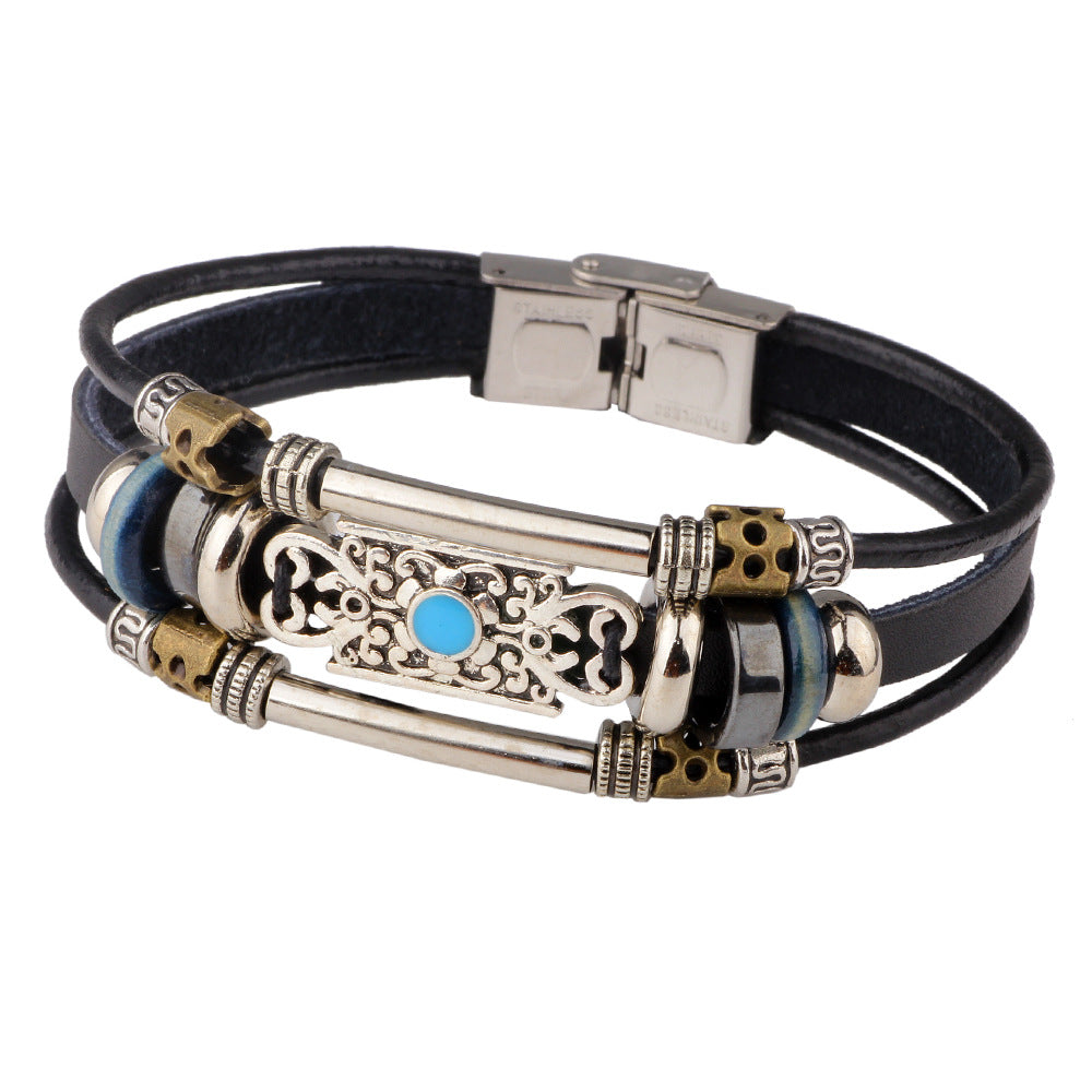 Spiritueller Wächter · Handgewebtes Armband aus Leder und Perlen aus Legierung | Schwarzer Gallenstein &amp; türkisfarbener Energiesegen 