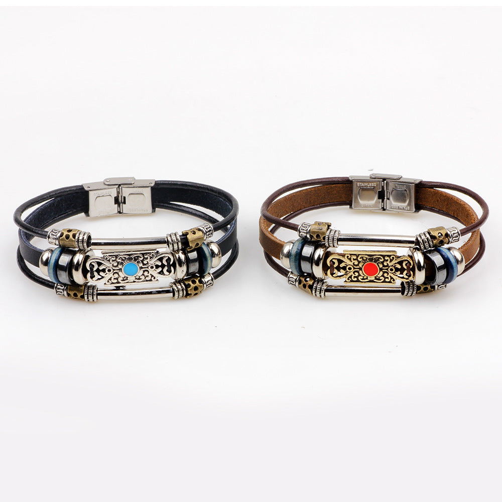 Spiritueller Wächter · Handgewebtes Armband aus Leder und Perlen aus Legierung | Schwarzer Gallenstein &amp; türkisfarbener Energiesegen 