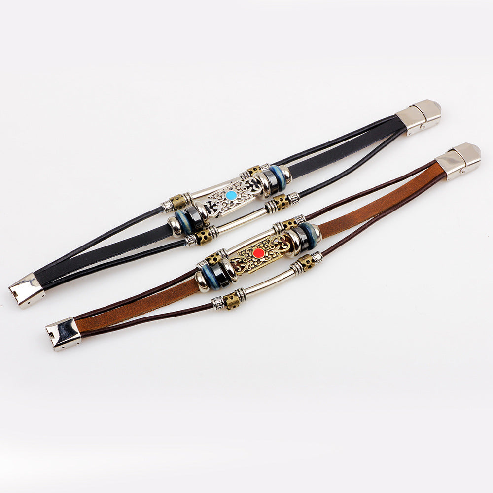 Spiritueller Wächter · Handgewebtes Armband aus Leder und Perlen aus Legierung | Schwarzer Gallenstein &amp; türkisfarbener Energiesegen 