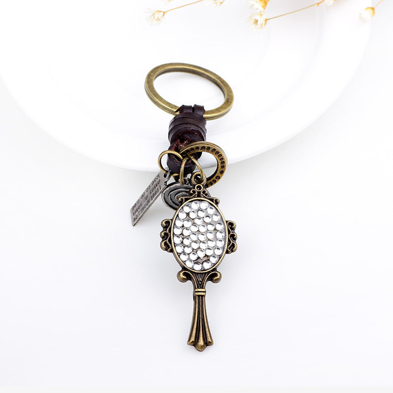 Mysterious Rune Ancient Bronze Diamond - Inlaid Magic Mirror Keychain | Retro - aged Braided Cowhide Key Ring