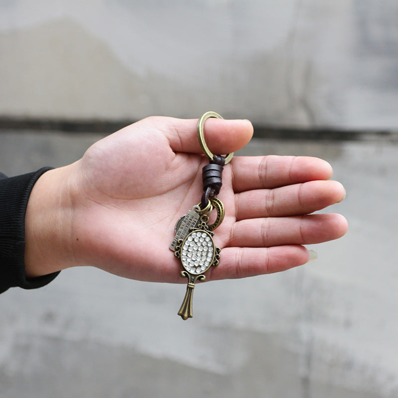 Mysterious Rune Ancient Bronze Diamond - Inlaid Magic Mirror Keychain | Retro - aged Braided Cowhide Key Ring