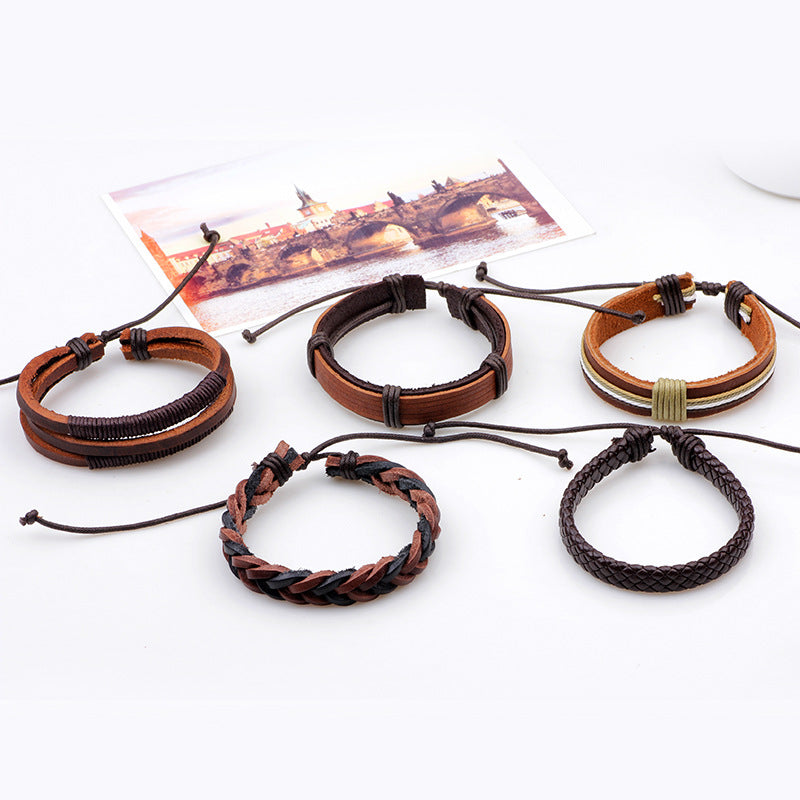 Natural Power Rindsleder Geflochtenes Herrenarmband | Fünfteiliges Set | Robuster Schutz 