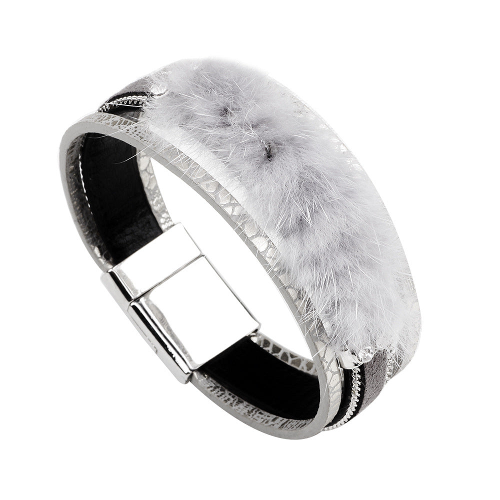 Nordic Rune Alloy Mink Fur Rhinestone Bracelet | Simple and Luxurious Magnetic Buckle Bracelet Accessory