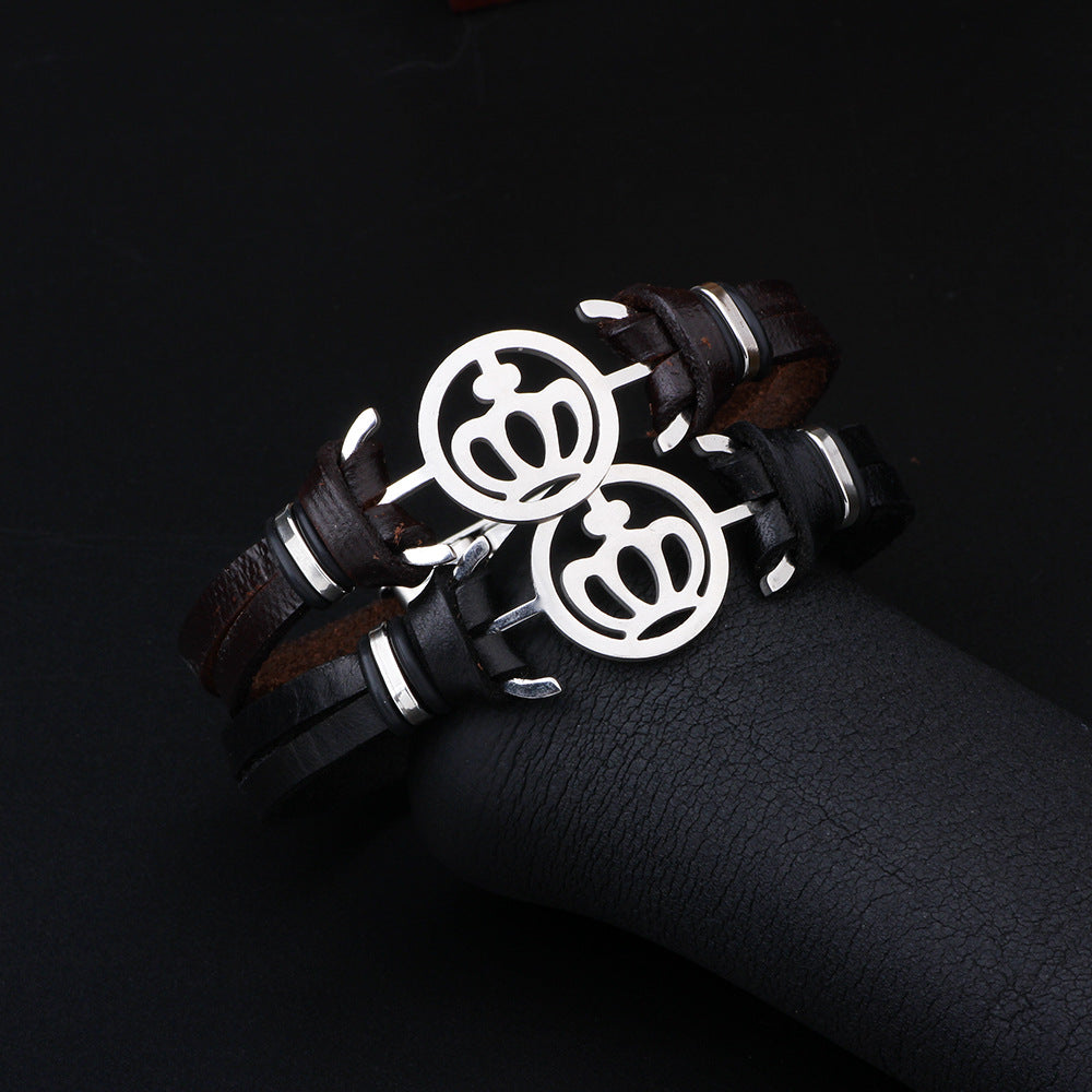Crown Guardian Spirit Stainless Steel and Genuine Cowhide Couple Bracelets | Symbol of Love and Courage