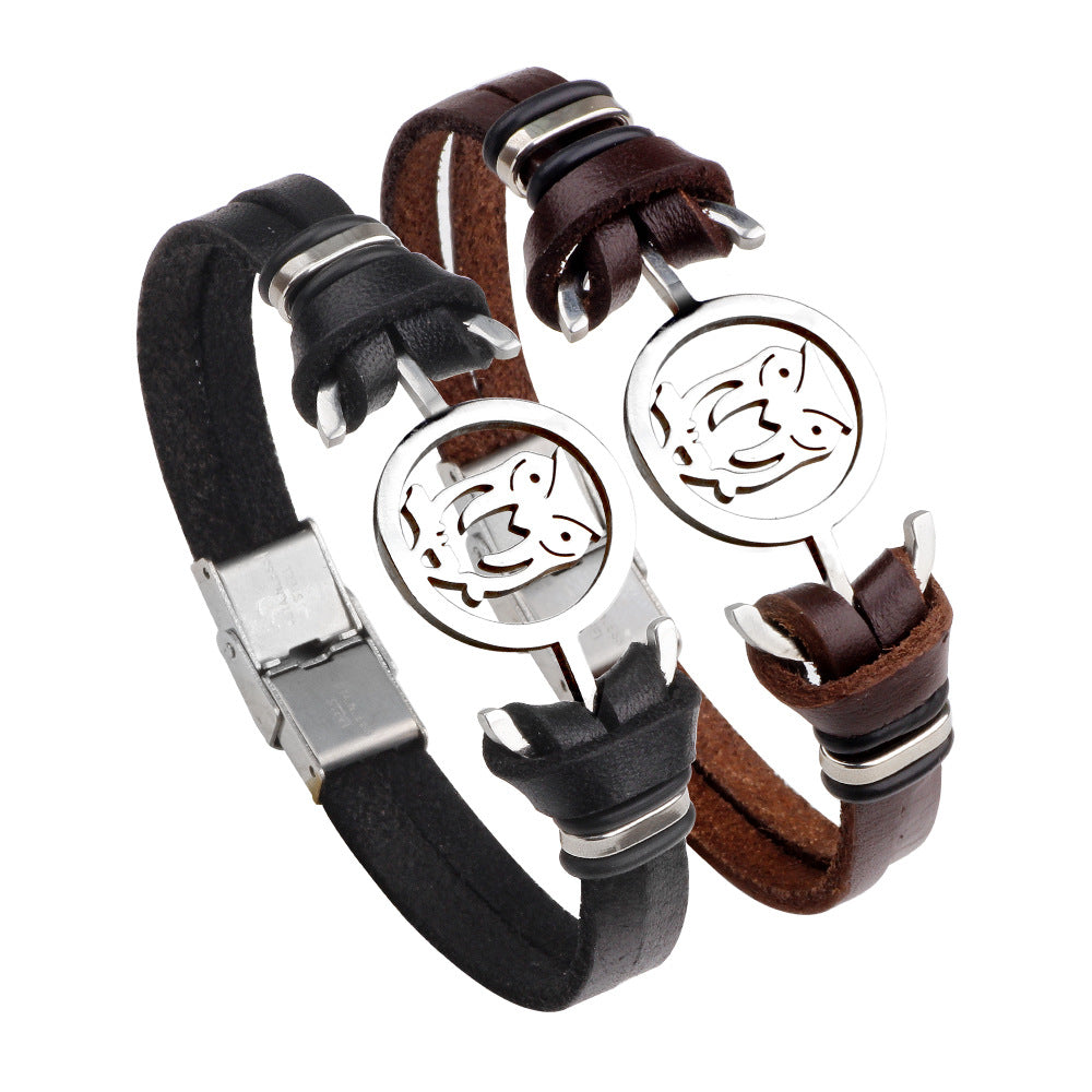 Nordisches mysteriöses Eulentotem-Armband aus Edelstahl mit ausgehöhltem Energieschutz aus echtem Leder 