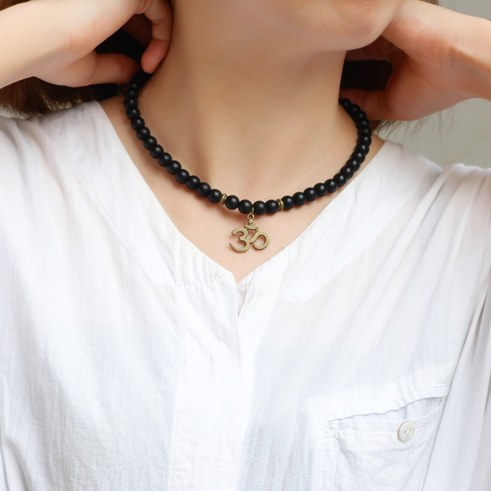 Buddhist Wisdom Symbol Metal 3D Buddha Head Black Grinding Sandstone Beaded Bracelet for Peace Protection