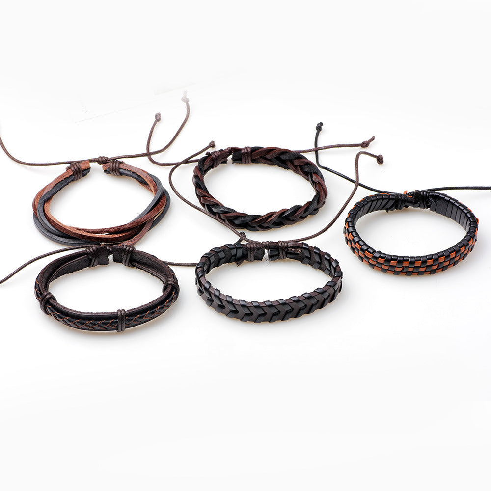 Conjunto de cinco pulseras trenzadas de cuero genuino, sencillas y versátiles | Estilo personalizado | Artefactos apilables de moda 