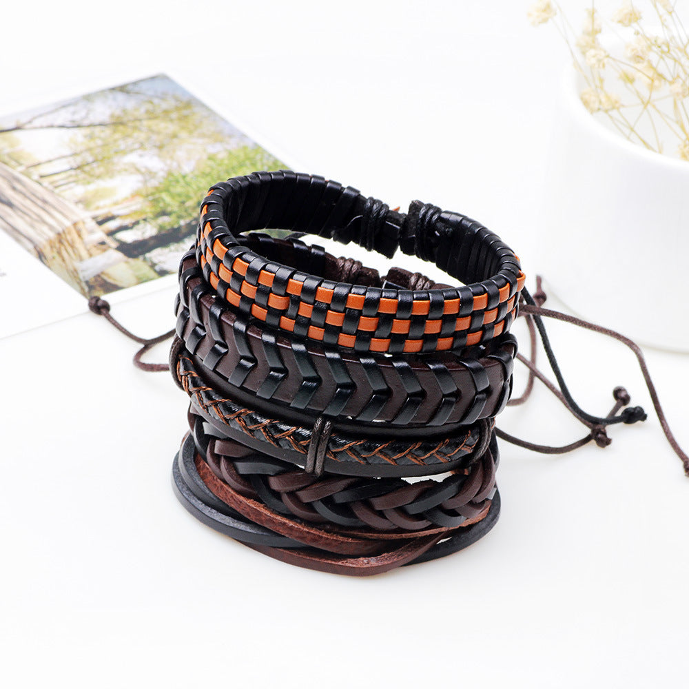 Conjunto de cinco pulseras trenzadas de cuero genuino, sencillas y versátiles | Estilo personalizado | Artefactos apilables de moda 