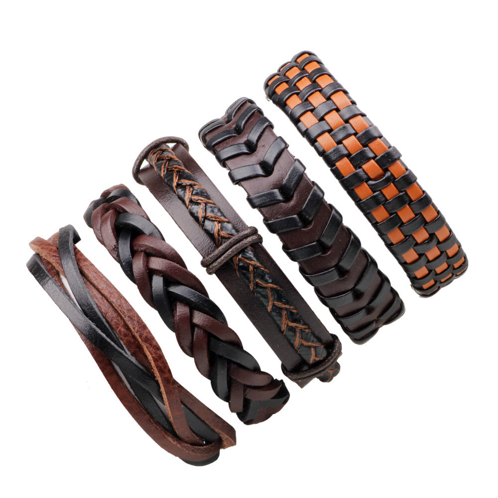 Five-piece Set of Simple and Versatile Genuine Leather Braided Bracelets | Personalized Style | Trendy Stacking Artifacts