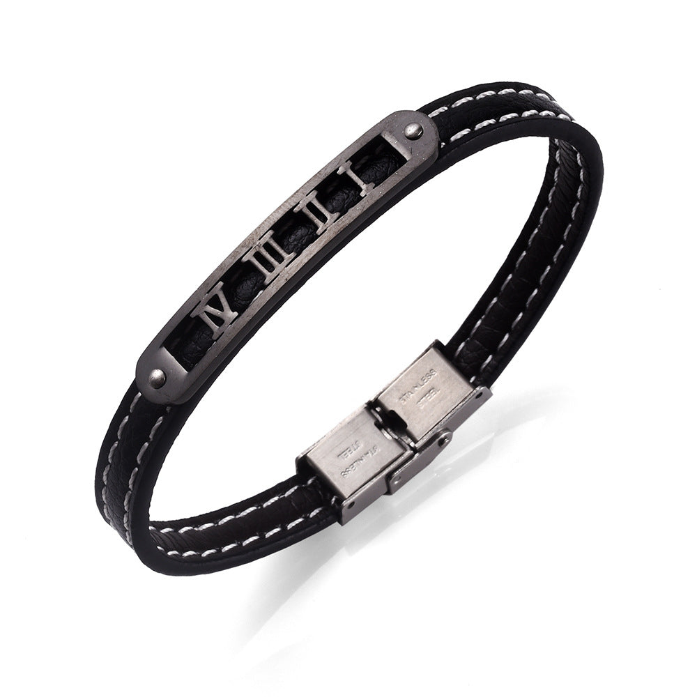Armband aus echtem Leder und Edelstahl im Stil der griechischen Mythologie | Energieschutz mit römischen Ziffern 