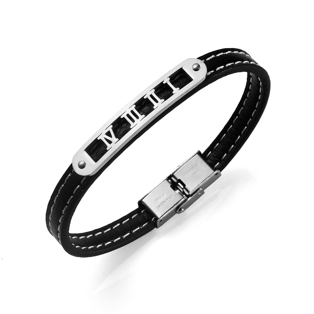 Armband aus echtem Leder und Edelstahl im Stil der griechischen Mythologie | Energieschutz mit römischen Ziffern 