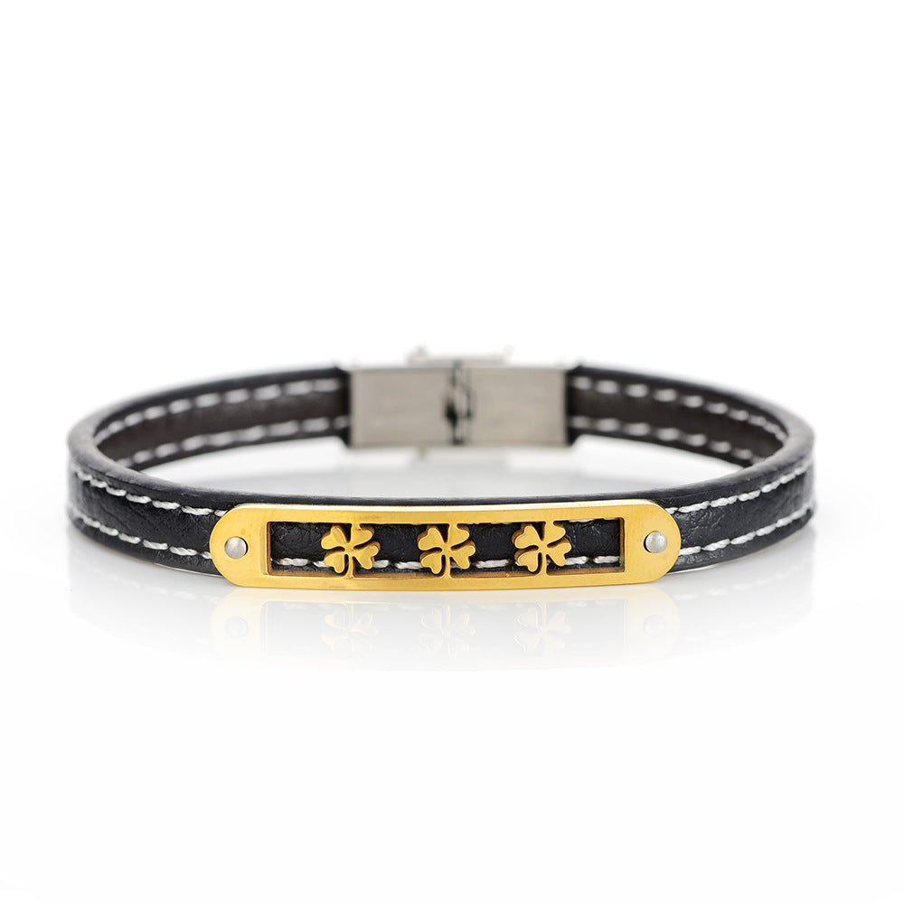 Lucky Clover Charm Genuine Leather Stainless Steel Bracelet | Energy Protection | Lucky Blessing