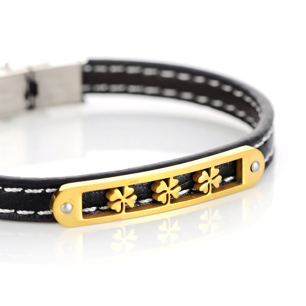 Lucky Clover Charm Genuine Leather Stainless Steel Bracelet | Energy Protection | Lucky Blessing